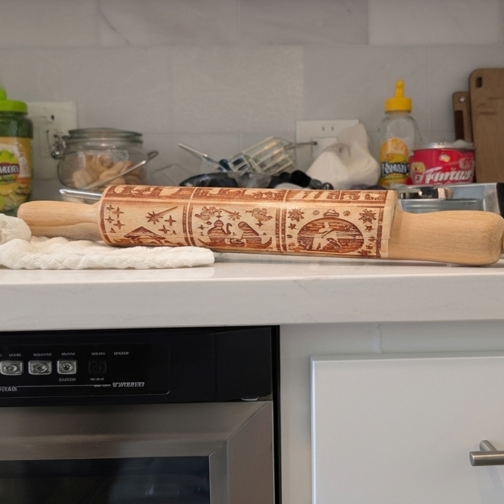 Wood Embossed Rolling Pin - Decorative Holiday Pattern, Natural Wood